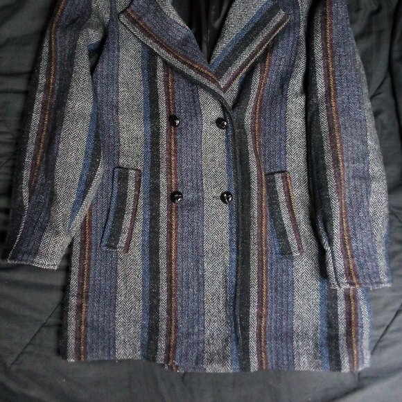 Vintage Wool Herringbone Striped Double Breast Pea Coat Jacket - Picture 3 of 6